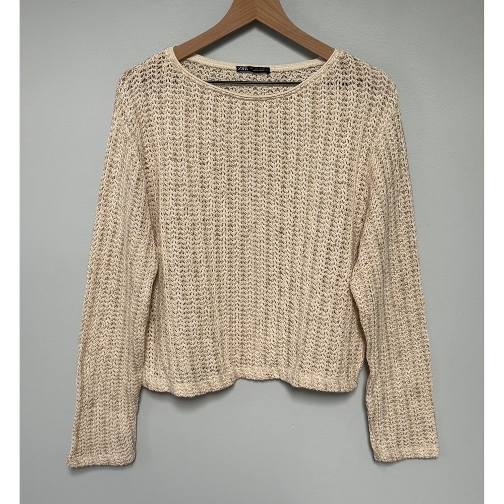 Zara Women's Metallic Thread Rustic Open Knit Sweater Cream Gold Size Large